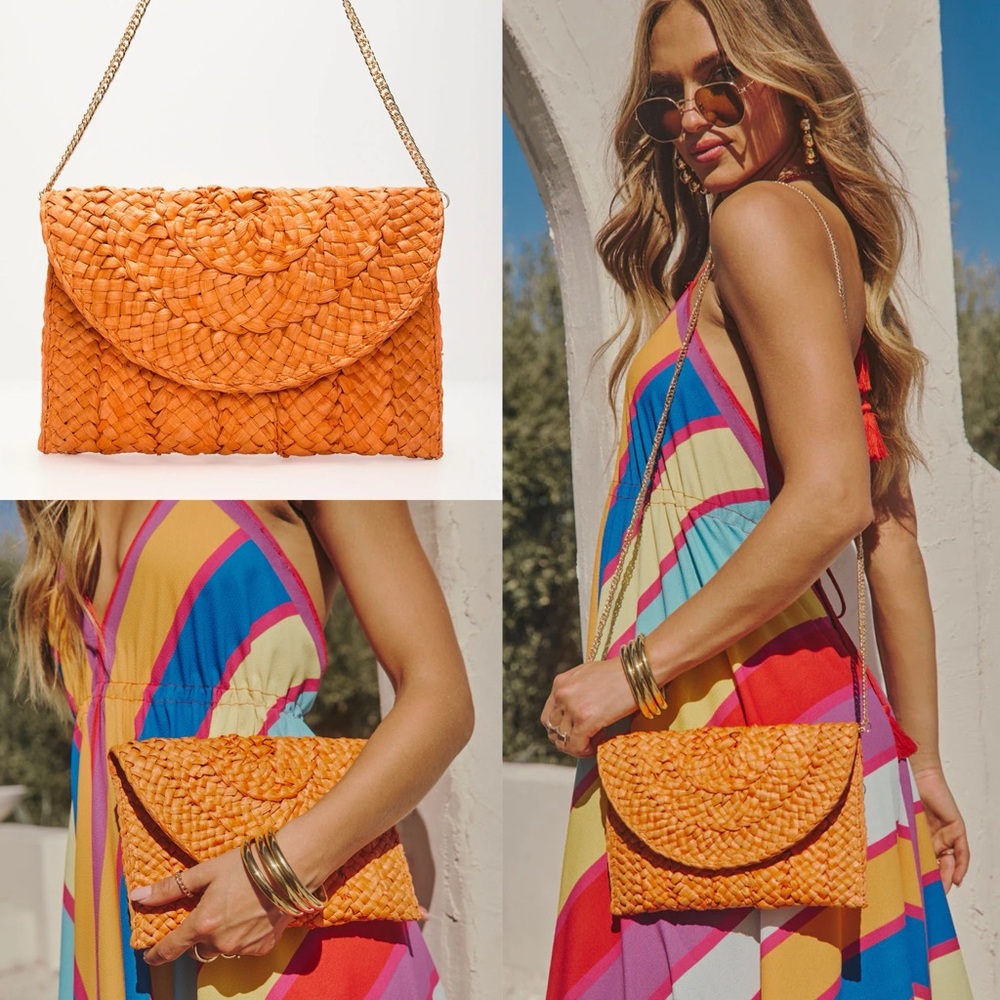 Orange Woven Straw Envelope Clutch Bag
